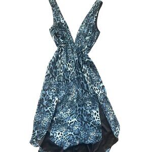 Bebe Plunging Blue & Black Cheeta Print Dress - XS